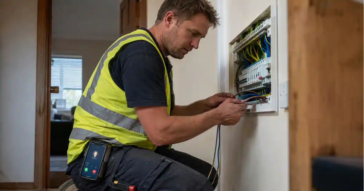 UK electrician on site unable to answer an incoming phone call, both hands working on electrical wiring