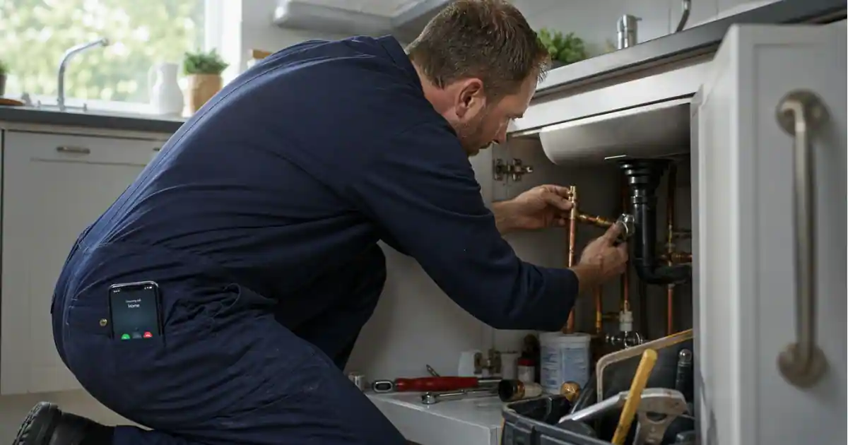 UK plumber on a job unable to answer an incoming phone call, both hands occupied with pipework