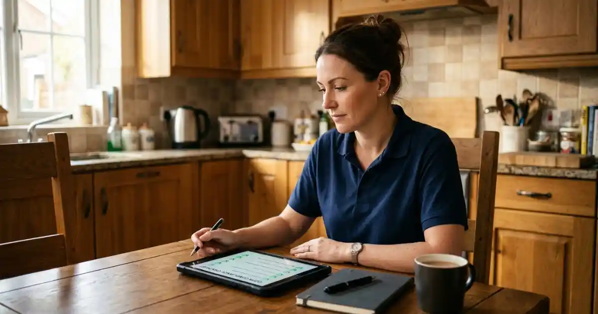 UK tradesperson reviewing GDPR SMS marketing compliance guidelines on a tablet at a desk