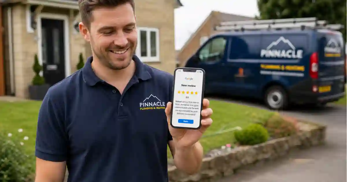 UK tradesperson receiving a 5-star Google review on their phone after completing a job for a happy customer