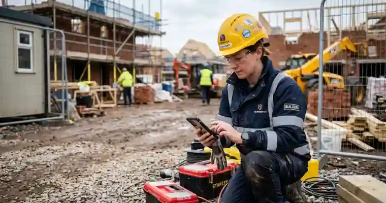 UK builder on a construction site unable to answer an incoming phone call, missed call text back automatically sent to the caller