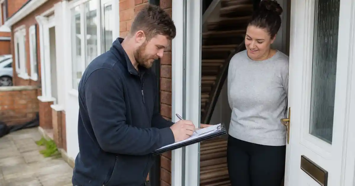 UK tradesperson writing a professional job quote on a clipboard at a customer property in the UK