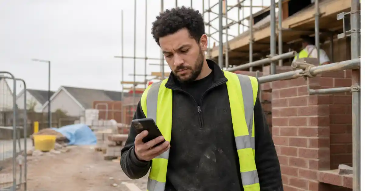 UK tradesperson checking their phone for a missed call while working on a job site