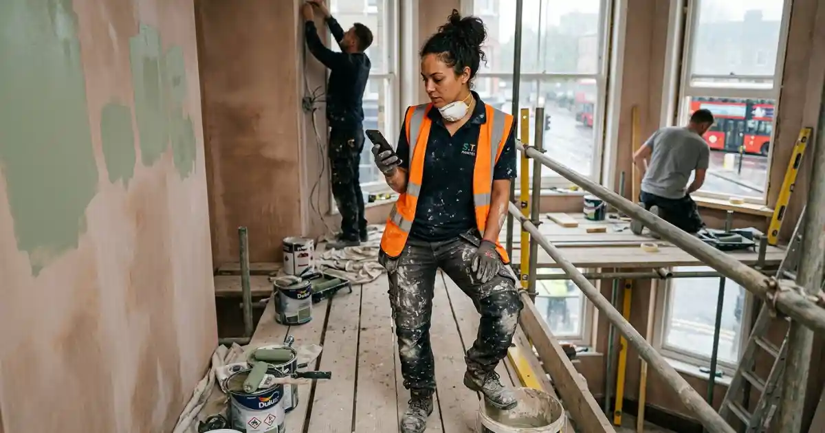 UK tradesperson using a smartphone to send SMS templates to customers on a job site