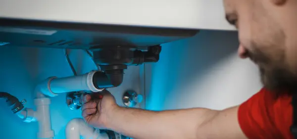 UK plumber on job site fixing emergency burst pipe callout